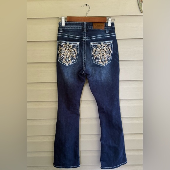 Y JEANS Los Angeles Y2K denim low rise flare distressed bling pockets cross 3/4 - Picture 14 of 15
